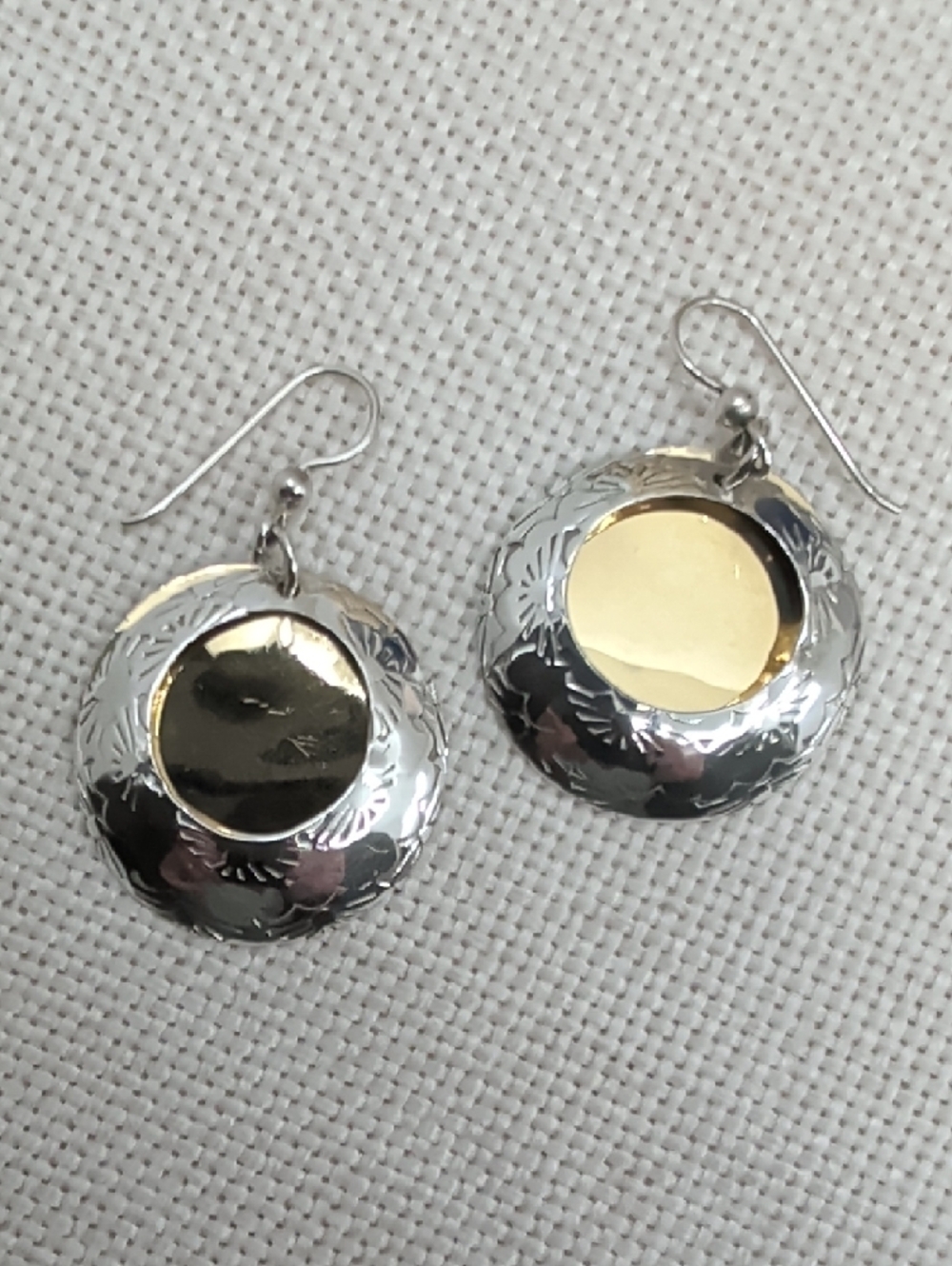Vintage Sterling Silver Two Tone Stamped Circle Disc Dangle Earrings Artisan - Picture 12 of 17
